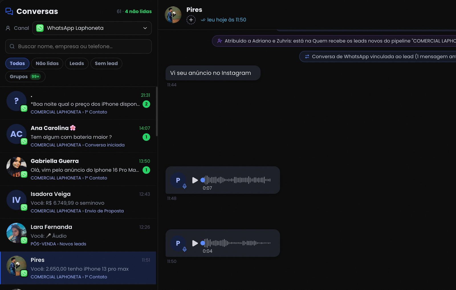 Gene CRM — caixa de conversas