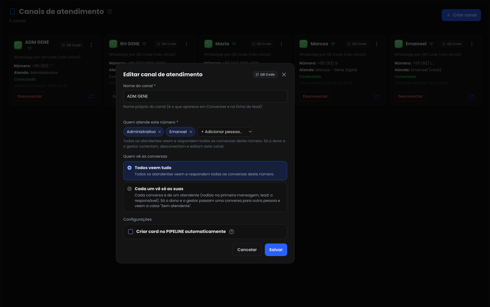 Quem vê as conversas — configuração por canal